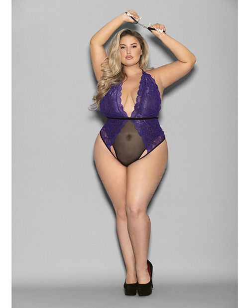 Euphoria Halter Lace & Mesh Teddy w/Wrist Restraints Purple/Black O/S