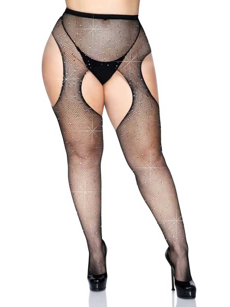 "Casey Rhinestone Fishnet Suspender Pantyhose - Queen - Black LA-9108XBLKQ"