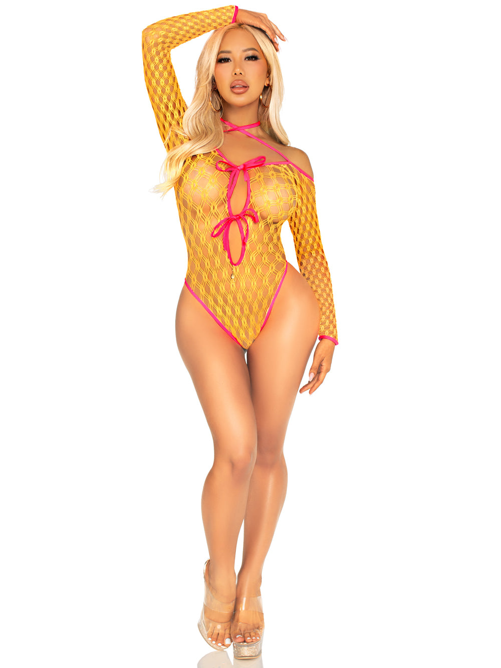 Eyelet Net Teddy With Tie-Front Keyhole Detail O/s - Neon Orange LA-89350ORGOS