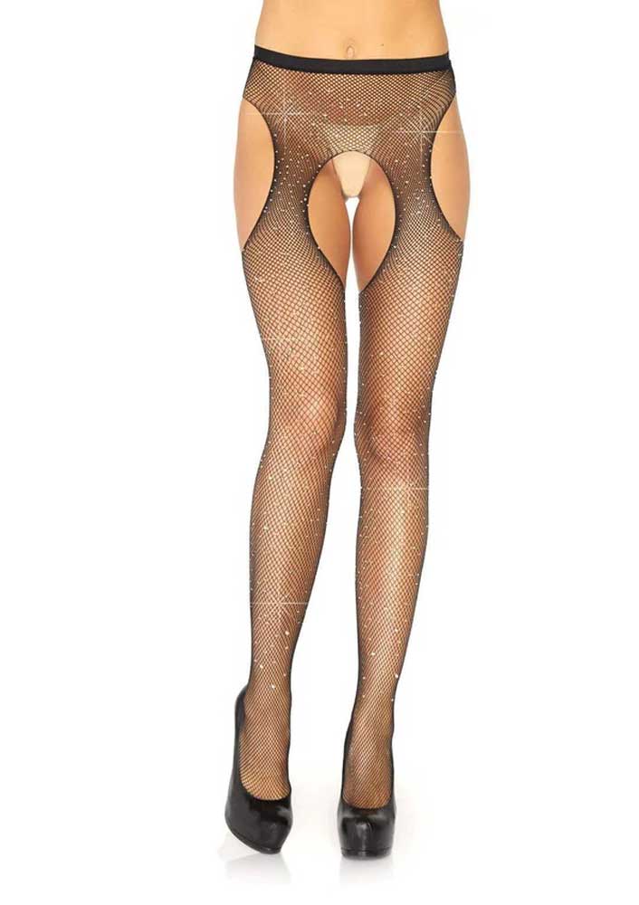 "Casey Rhinestone Fishnet Suspender Pantyhose - One Size - Black LA-9108BLKOS"