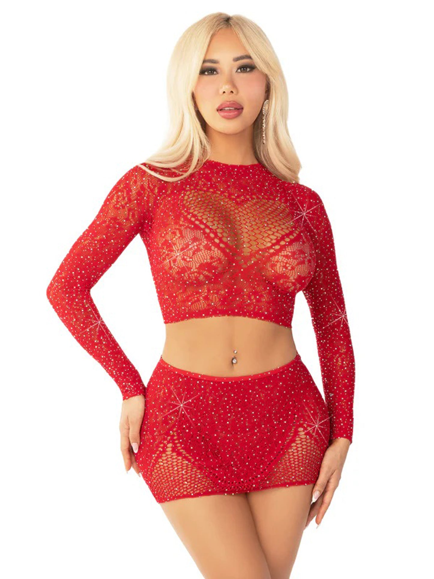 Red 2pc Rhinestone Lace and Net Crop Top with - Heart Keyhole Mini Skirt - Os LA-81668REDOS