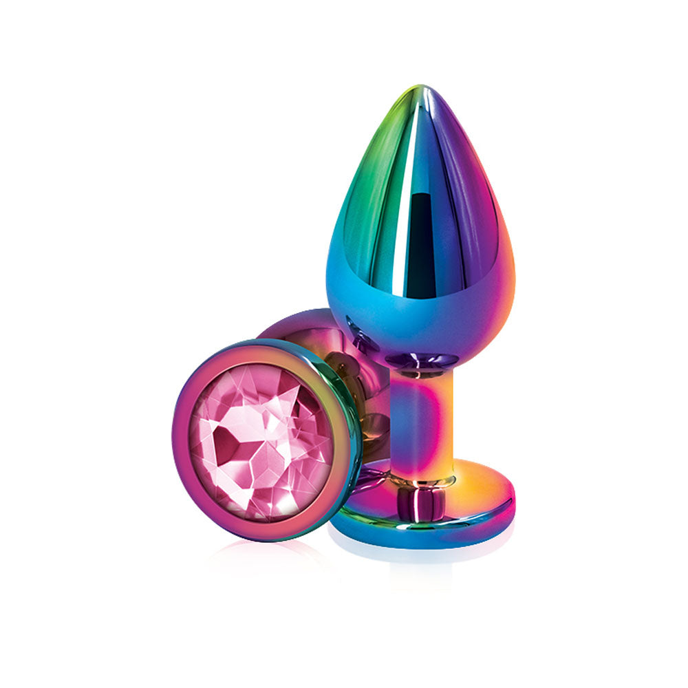 Medium jeweled butt plug with a vibrant rainbow finish and a large pink gem at the base