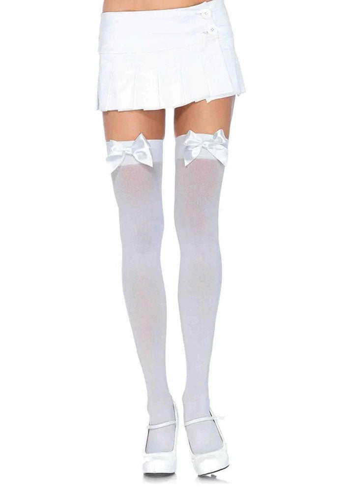 Opaque Thigh Highs With Satin Bow Accent - One Size - White LA-6255WHT