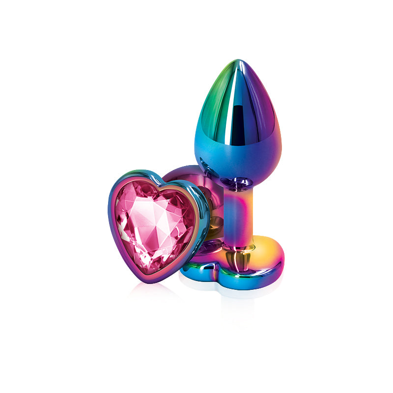 Colorful rainbow heart butt plug with a sparkling pink gem for playful adult fun