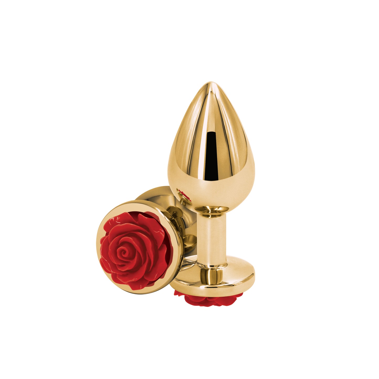 Rose butt plug medium in gold with a decorative red rose base for stylish pleasure.