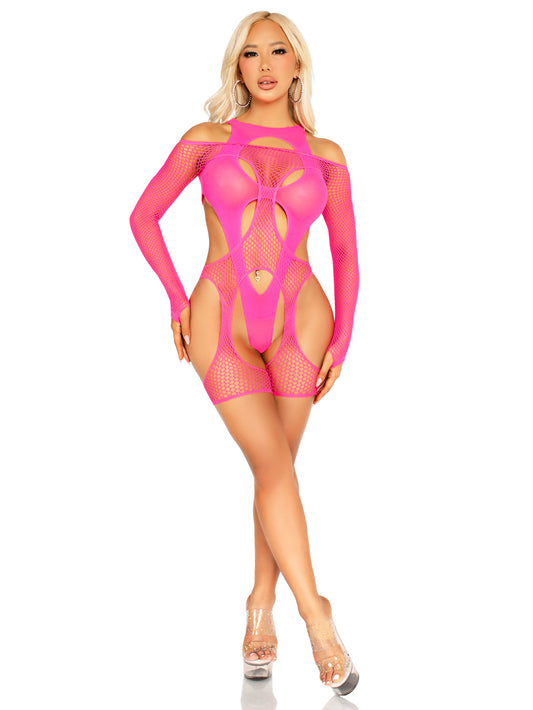 2 Pc Fishnet Garter Harness and Opaque Cut-Out Teddy O/s - Neon Pink LA-89356PNKOS