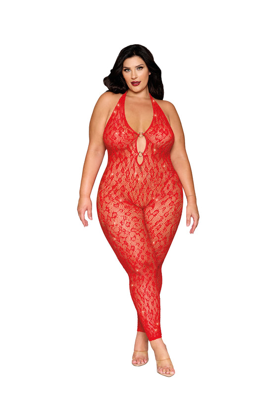 Rhinestone Bodystocking Dmnd - Queen Size - Poinsettia DG-0517XRDQS