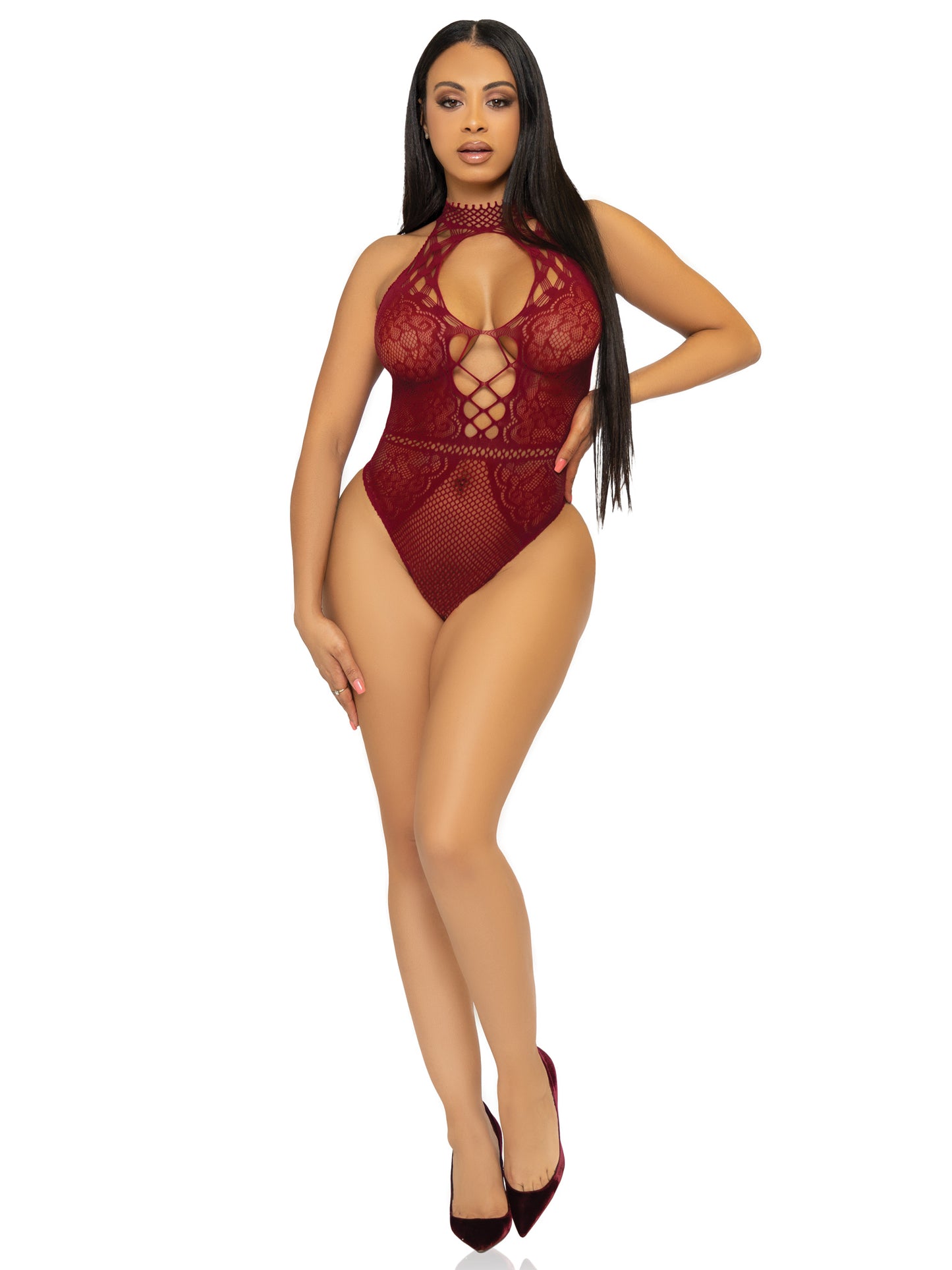 Net and Lace Keyhole Halter Bodysuit - One Size - Burgundy LA-89307BUROS