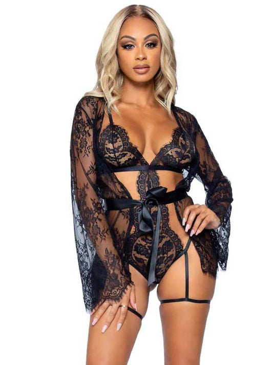 All Romance Lace Teddy and Robe Set - Large - Black LA-86123BLKL