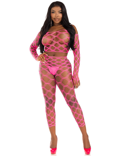 2 Pc Net Crop Top and Footless Tights - One Size - Neon Pink LA-89325NPNKOS