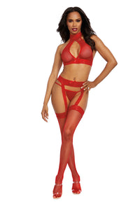Bralette, Garterhose, and G-String - One Size - Rouge DG-0375ROUOS
