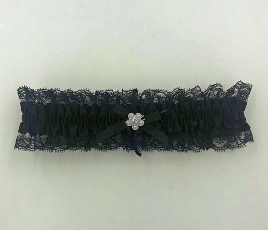 Satin Leg Garter - One Size - Black With Black Lace EM-3555BLK