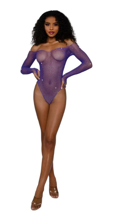 "Rhinestone Off Shoulder Bodystocking - Os - Ultra Violet DG-14310UVOS"