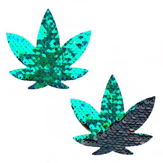 Ariel - Green to Black Flip Sequin Gold Dope Af Weed Leaf Pasties NN-ARI-WEE-NS