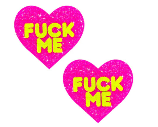 F*Ck Me Blacklight Neon Super Sparkle Nipple Cover Pasties Pink Glitter NN-YFM-HRT-SSWP