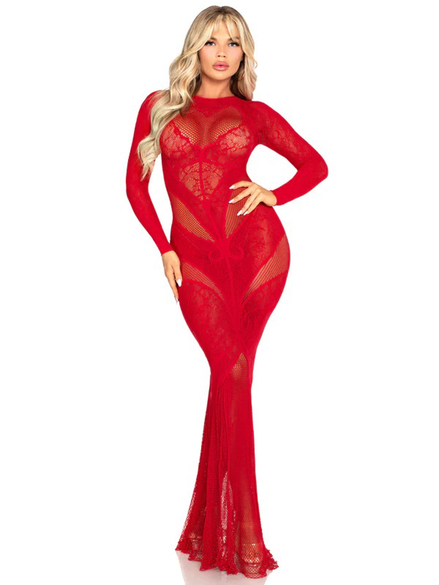 Red Lace and Net Body Con Gown - With Heart Keyhole Detail - Os LA-86005REDOS
