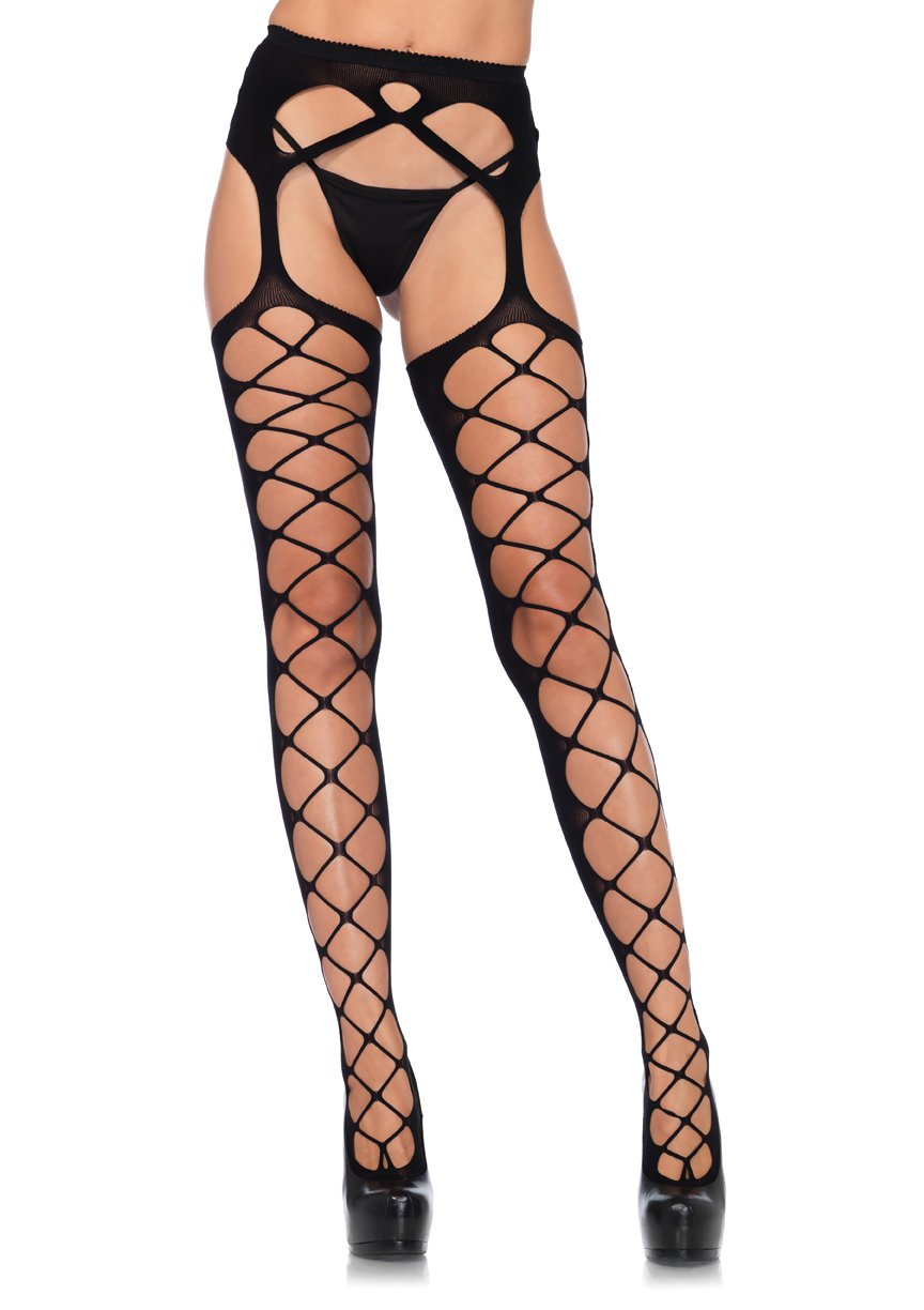 Diamond Net Opaque Stockings With Attached Garter - Black - One Size LA-1778