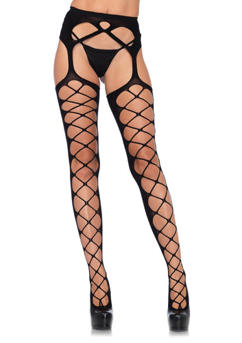 Diamond Net Opaque Stockings With Attached Garter - Black - One Size LA-1778