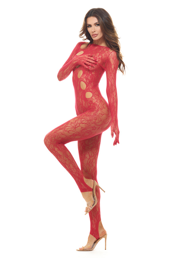 Split Up Lace Bodystocking - Red - Os RR-7119TREDOS