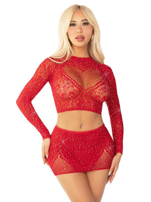 Red 2pc Rhinestone Lace and Net Crop Top with - Heart Keyhole Mini Skirt - Os LA-81668REDOS