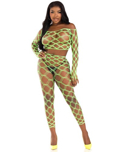2 Pc Net Crop Top and Footless Tights - One Size - Neon Green LA-89325NGRNOS