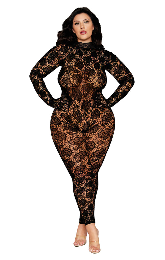 Gloved Bodystocking Dmnd - Queen Size - Black DG-0516XBKQS