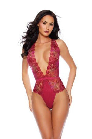 Cranberry Champagne Embroidered Halter Teddy - Wine Red