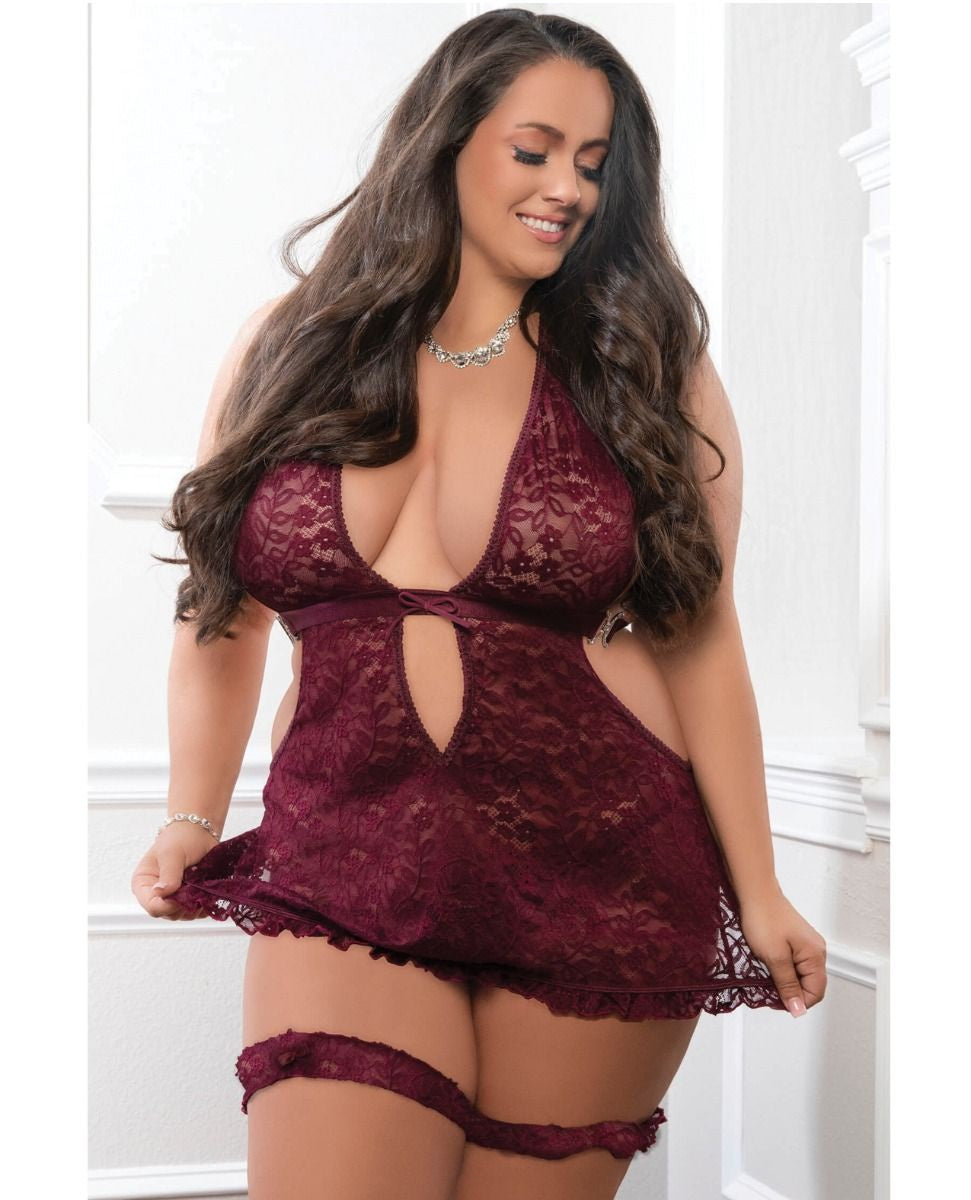 Apron Style Halter Mini Dress w/Thong & Lace Garters - Burgundy