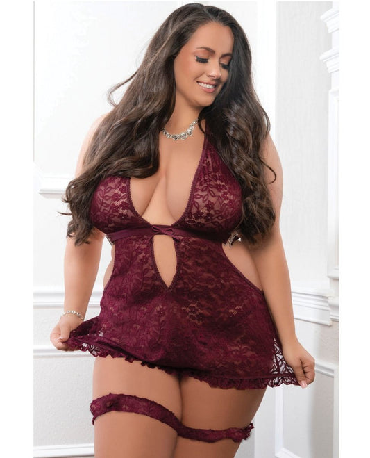 Apron Style Halter Mini Dress w/Thong & Lace Garters - Burgundy