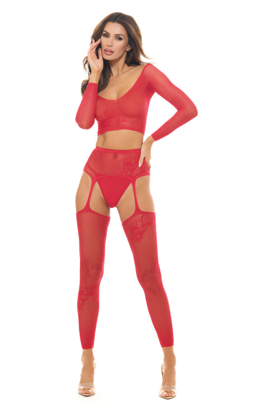 Permanent Mark Long Sleeve Top and Garter Bodystocking Red - Os RR-7117TREDOS