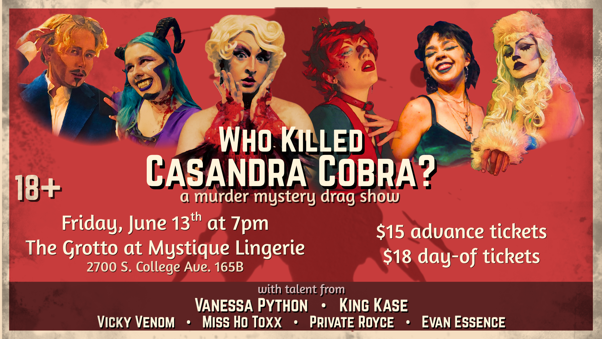 Murder Mystery Drag Show Fort Collins poster featuring performers and event details for a drag show