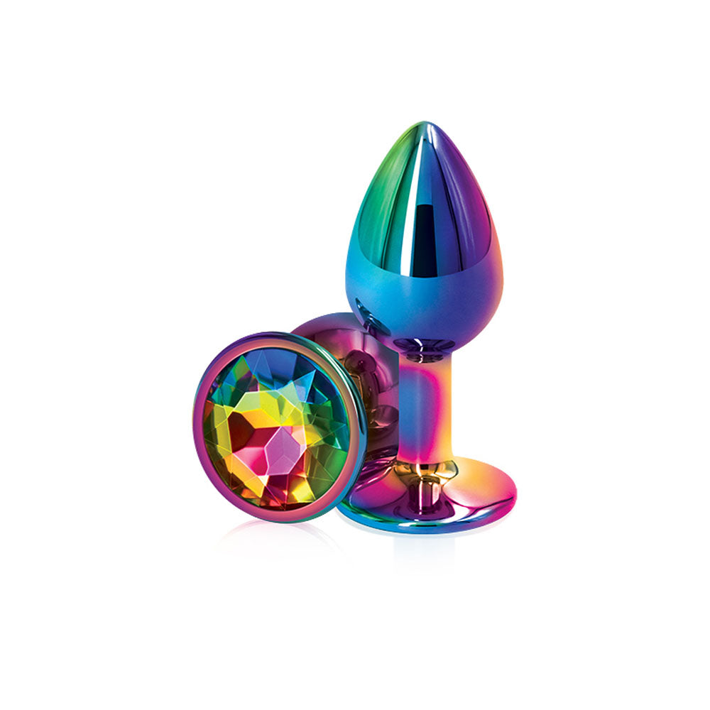 Rainbow Metal Butt Plug with Glittery Gem for Vibrant Pleasure and Stimulation