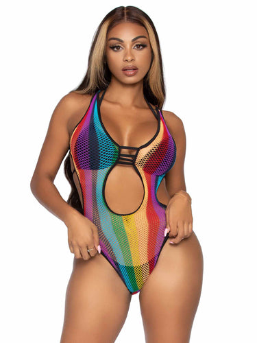 Rainbow Fishnet Cut Out Bodysuit With Strappy Bikini Back - One Size - Multicolor LA-81586MULTOS