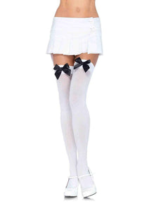 Nylon Thigh Highs With Bow - One Size - White / Black LA-6255WHTBLK