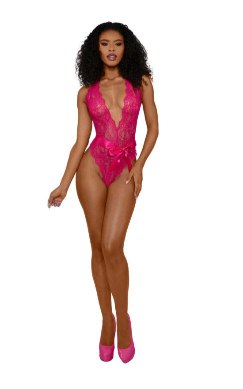 "Tiana Lace Teddy With Satin Tie - S/m - Azalea DG-14254AZSM"