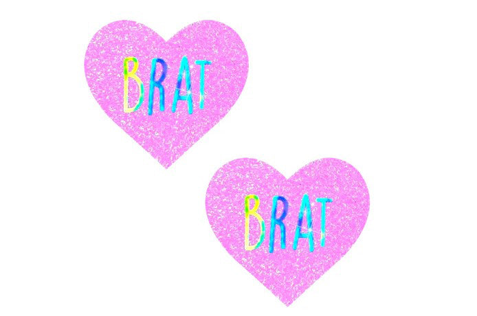 "Brat Holographic Uv Light Pink I Heart U Glitter Nipple Cover Pasties NN-BRT-HRT"