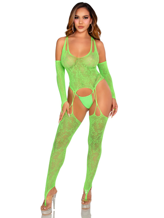 2 Pc Lace Halter Footless Cami Garter With Attached Toe Loop Stockings O/s - Neon Green LA-89346GRNOS