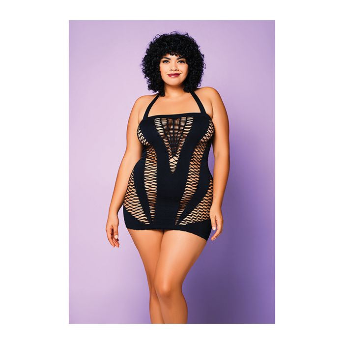 Heart of Chaos Seamless Chemise w/Halter Strap & Vertical V Cut Outs Black